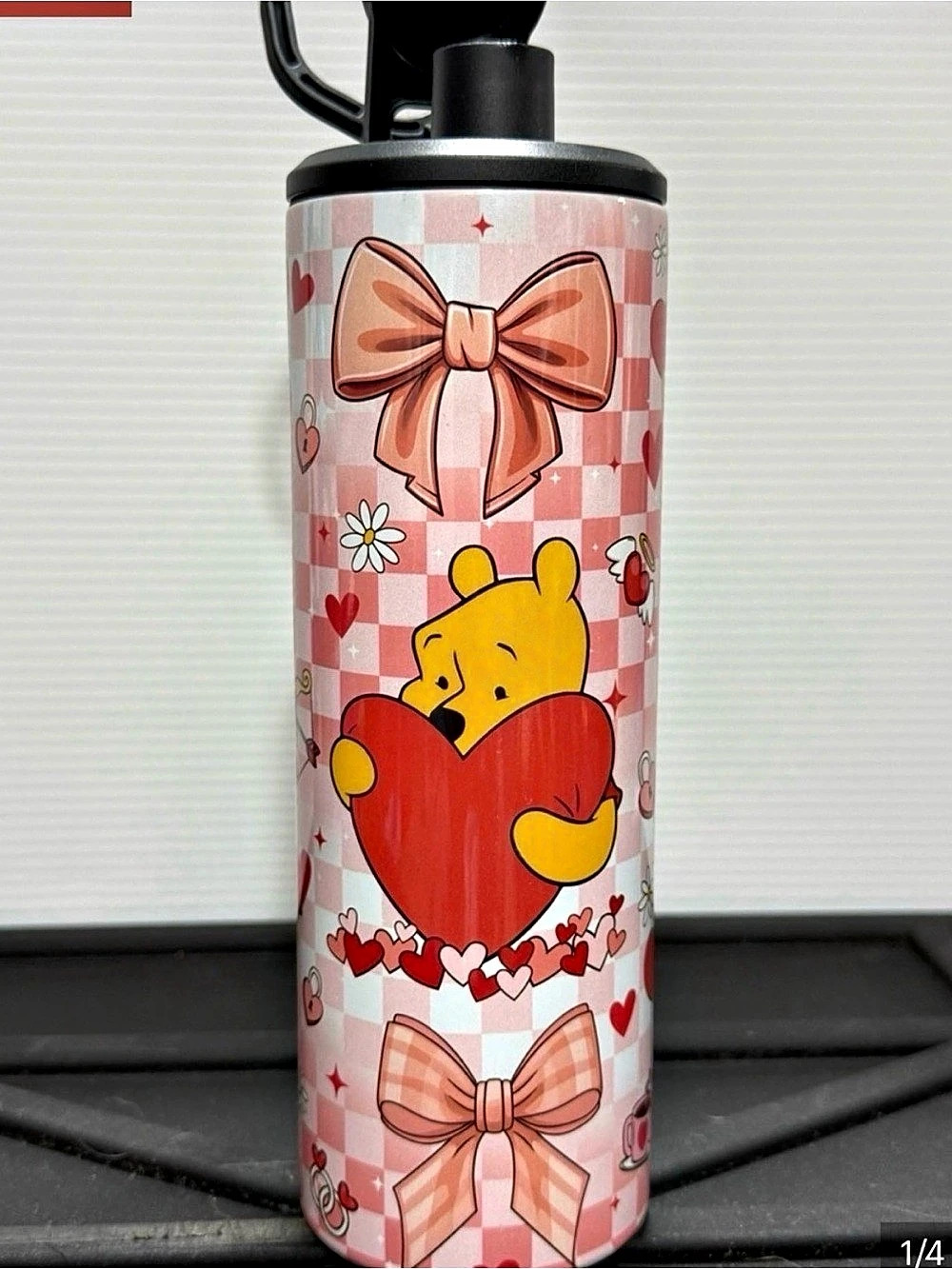 Winnie the Pooh Pink Checkered Water Bottle
